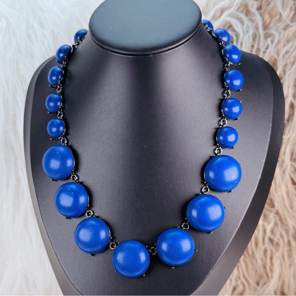 Vintage Deep Blue Statement Necklace Graduated Beads Black Tone Heavy